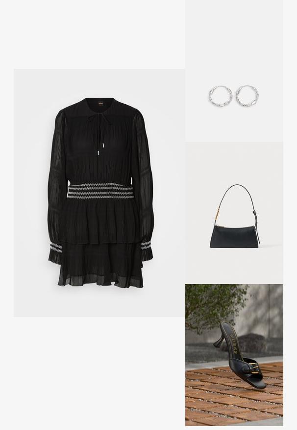 Schwarz gefaltetes Kleid mit rundem Kragen, langen Ärmeln und Kordelzug. Hat einen gestuften Saum und einen weiß mit Zickzack-Stich genähten Taillenbund.; Schwarze High-Heel-Pantolette mit goldener Schnalle und „GUESS“-Logo innen, auf strukturiertem Außenfliesenboden mit verschwommenem grünem Hintergrund positioniert.; Schwarze Lederhandtasche mit goldenem Reißverschluss und verstellbarem Riemen mit goldenen rechteckigen Details auf weißem Hintergrund.; Silberne Creolen mit einer welligen, unregelmäßigen Textur. Besitzen eine dünne, kreisförmige Form und eine reflektierende Oberfläche.
