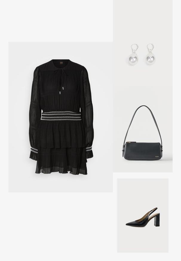 Robe noire plissée avec un col rond, des manches longues et un cordon de serrage. Présente un ourlet à volants et une taille à zigzag - couture blanche.; Chaussure slingback en cuir noir pour femme, avec bout pointu et talon haut bloc sur un fond clair.; Sac à bandoulière rectangulaire en cuir noir avec fermeture éclair dorée et petit logo "HUGO" doré sur le devant, doté d'une sangle réglable avec boucle.; Boucles d'oreilles en argent en forme de goutte avec des surfaces lisses, rondes et réfléchissantes, suspendues à des fermoirs à ressort. L'arrière-plan est blanc uni.