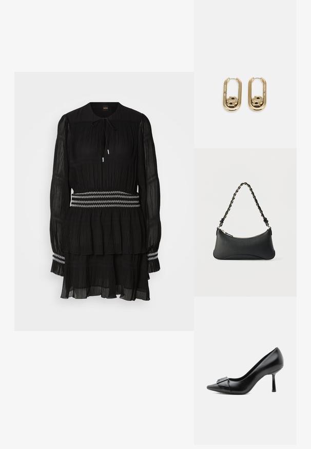 Schwarz gefaltetes Kleid mit rundem Kragen, langen Ärmeln und Kordelzug. Hat einen gestuften Saum und einen weiß mit Zickzack-Stich genähten Taillenbund.; Schwarzer Lederschuh mit hohem Absatz, spitzer Schuhspitze und dekorativer Schnalle vorne, von der Seite auf weißem Hintergrund abgebildet.; Schwarze Lederschultertasche mit gewölbter rechteckiger Form, goldener Kette, die in den geflochtenen schwarzen Riemen eingewebt ist, und Reißverschlussverschluss oben.; BOSS DOUBLE B SWING - Ohrringe - gold-coloured