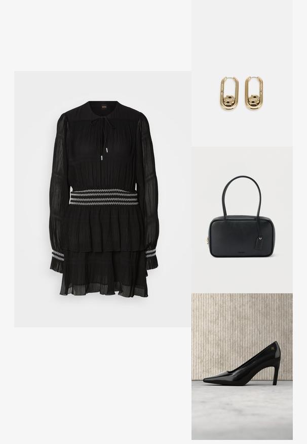 Schwarz gefaltetes Kleid mit rundem Kragen, langen Ärmeln und Kordelzug. Hat einen gestuften Saum und einen weiß mit Zickzack-Stich genähten Taillenbund.; Schwarzer High-Heel-Schuh mit spitzer Zehenpartie und goldfarbenem Logodetail, aufrecht stehend auf einer reflektierenden Oberfläche neben einem Metall-Aktenhalter.; Schwarze rechteckige Handtasche mit doppelten, abgerundeten Griffen, goldfarbenem Reißverschluss und geprägtem „HUGO“-Logo auf der Vorderseite sowie angebrachtem Lederanhänger.; BOSS DOUBLE B SWING - Ohrringe - gold-coloured