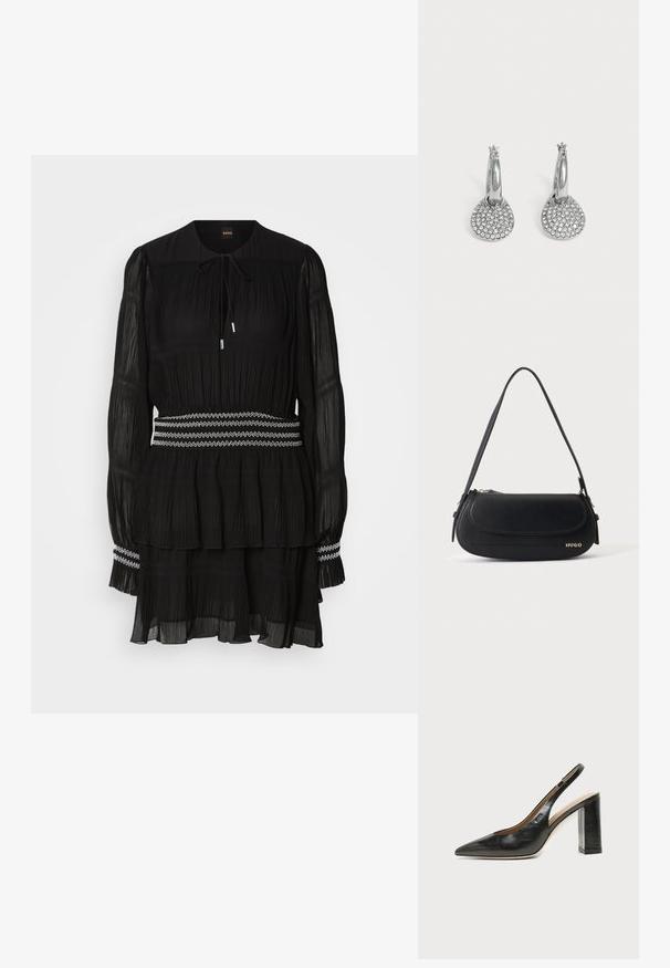 Vestido negro plisado con cuello redondo, mangas largas y cordón. Presenta un dobladillo en capas y una cinturilla con costura de zigzag blanca.; Zapato slingback de piel negra con puntera puntiaguda, tacón alto y ancho, y forro interior beige sobre un fondo claro y liso.; Bolso de hombro de cuero negro con solapa curva, logo dorado "HUGO" en el frente y una correa ajustable.; Pendientes de aro plateados con colgantes redondos y planos incrustados con pequeños cristales transparentes sobre un fondo claro y liso.
