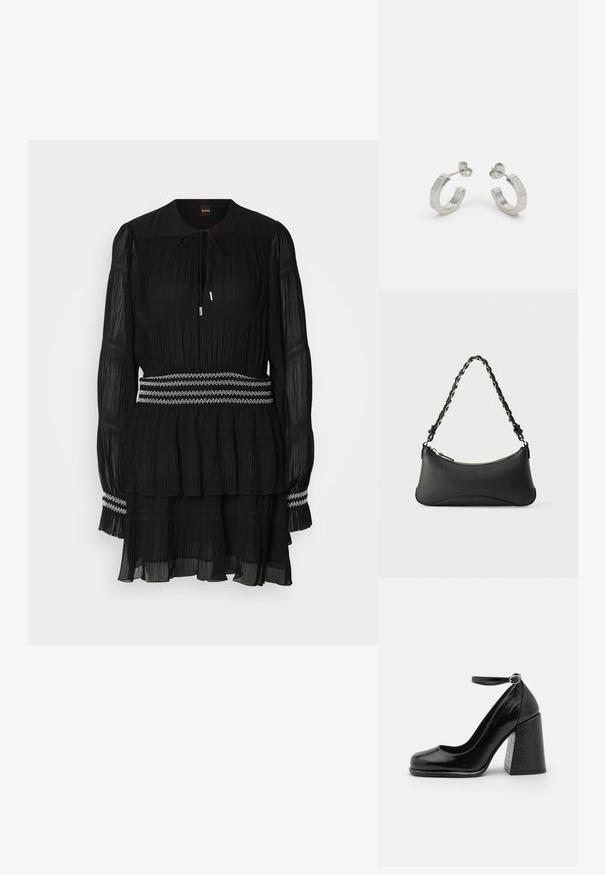 Vestido negro plisado con cuello redondo, mangas largas y cordón. Presenta un dobladillo en capas y una cinturilla con costura de zigzag blanca.; HUGO KIORA - Zapatos altos - black; Bolso de hombro de cuero negro con forma rectangular curvada, cadena dorada entrelazada en una correa negra trenzada y cierre superior con cremallera.; Pendientes aros de metal plateado con un diseño texturizado, que cuentan con un pequeño respaldo de clip y una marca en uno de los aros. Forma redondeada con un acabado pulido.