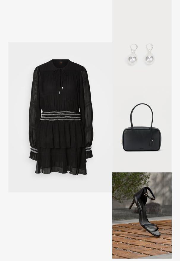 Schwarz gefaltetes Kleid mit rundem Kragen, langen Ärmeln und Kordelzug. Hat einen gestuften Saum und einen weiß mit Zickzack-Stich genähten Taillenbund.; Schwarze Sandalette mit hohem Absatz und Knöchelriemen schwebt über einem Holzboden im Freien vor verschwommenem Grün und Steinhintergrund.; Schwarze rechteckige Handtasche mit doppelten, abgerundeten Griffen, goldfarbenem Reißverschluss und geprägtem „HUGO“-Logo auf der Vorderseite sowie angebrachtem Lederanhänger.; Silberne Tropfenohrringe mit glatten, runden, reflektierenden Oberflächen, die an Hakenverschlüssen hängen. Der Hintergrund ist reinweiß.