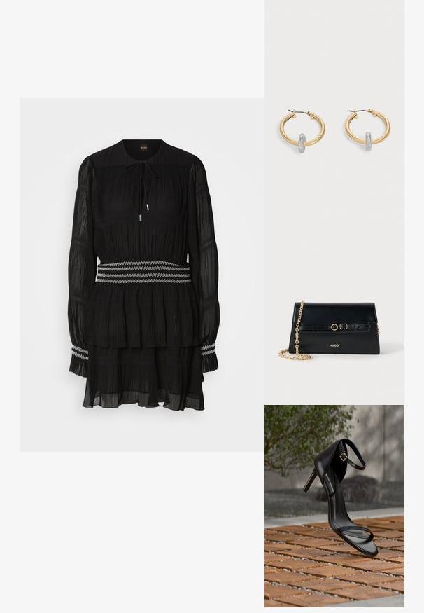Schwarz gefaltetes Kleid mit rundem Kragen, langen Ärmeln und Kordelzug. Hat einen gestuften Saum und einen weiß mit Zickzack-Stich genähten Taillenbund.; Schwarze Sandalette mit hohem Absatz und Knöchelriemen schwebt über einem Holzboden im Freien vor verschwommenem Grün und Steinhintergrund.; Schwarze Ledertasche mit goldfarbener Kettenriemen, rechteckiger Form, geprägten Akzenten auf der Klappe und Logo in Gold auf der Vorderseite.; Paar goldfarbene Creolen mit kleinem silberfarbenem Schlaufen-Detail an jeder, vor hellem grauem Hintergrund präsentiert.