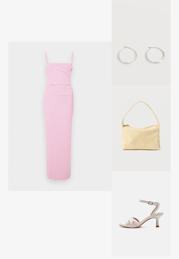 Roze, getailleerde maxi-jurk met spaghettibandjes, met een geplooid ontwerp in de taille. Glad materiaal, minimalistische stijl, geen zichtbare patronen.; Witte sandaal met een middelhoog hakje, drie voorste bandjes, een enkelbandje met een zilveren gesp en een licht gebogen hak op een effen achtergrond.; Kleine beige leren handtas met een enkele band en zilveren studs langs de randen en band, tegen een effen achtergrond.; Zilverkleurige metalen creolen oorbellen met een glad, licht gebogen oppervlak en sluitingen met haaksluiting op een effen witte achtergrond.