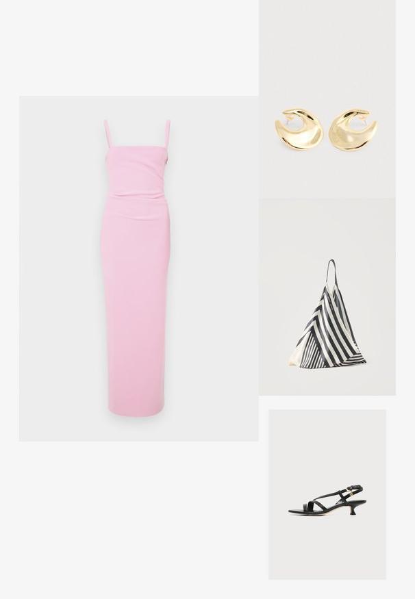 Roze, getailleerde maxi-jurk met spaghettibandjes, met een geplooid ontwerp in de taille. Glad materiaal, minimalistische stijl, geen zichtbare patronen.; Zwarte leren damessandaal met dunne gekruiste bandjes, lage kittenhak en een kleine gouden gesp aan het enkelbandje.; Zwart-wit gestreepte driehoekige stoffen tas met een enkele schouderriem, rechtopstaand op een effen lichte achtergrond.; Een paar glanzende gouden halvemaanvormige studs met transparante plastic achterkanten op een lichtgrijze ondergrond.
