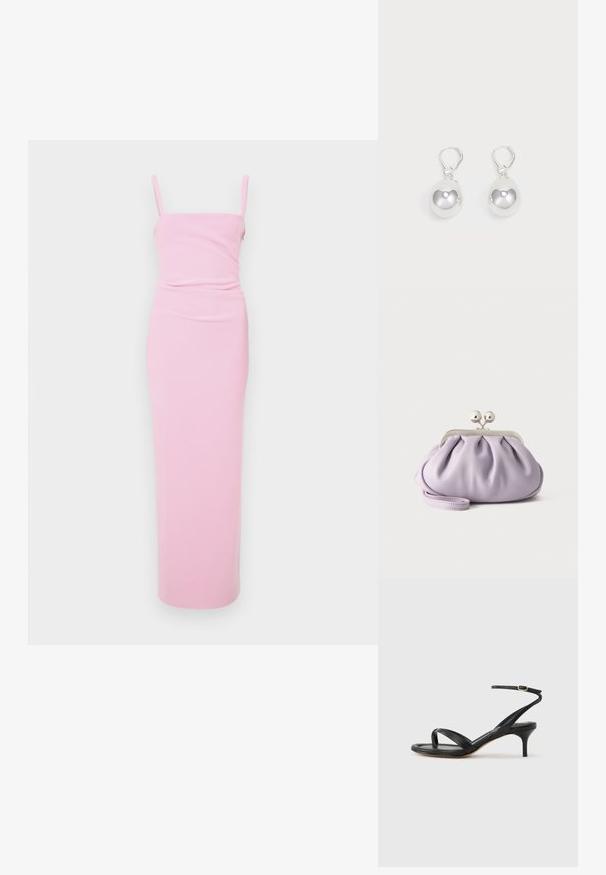 Roze, getailleerde maxi-jurk met spaghettibandjes, met een geplooid ontwerp in de taille. Glad materiaal, minimalistische stijl, geen zichtbare patronen.; Zwarte leren dames sandaal met dunne bandjes, een teengreep, een enkelgesp en een stilettohak van gemiddelde hoogte op een neutrale achtergrond.; Zachte lavendelkleurige clutch met geplooide stof, zilveren kiss-lock sluiting en bijpassend polsbandje op een effen lichte achtergrond.; Zilveren druppeloorbellen met gladde, ronde, reflecterende oppervlakken die hangen aan klapring-sluitingen. Achtergrond is puur wit.