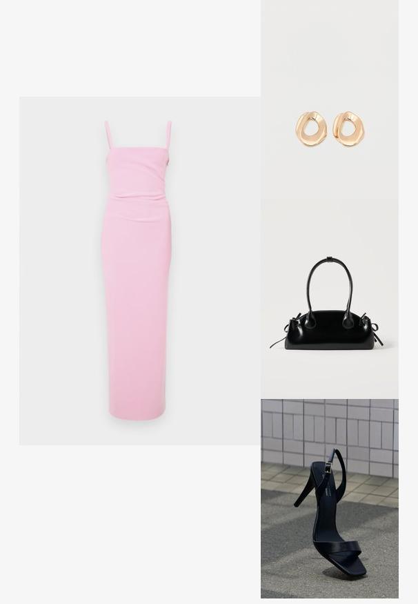 Roze, getailleerde maxi-jurk met spaghettibandjes, met een geplooid ontwerp in de taille. Glad materiaal, minimalistische stijl, geen zichtbare patronen.; Zwarte sandaal met hoge hak, enkelriem en vierkante neus, geplaatst op het trottoir tegen een betegelde muur op de achtergrond.; Kleine zwarte glanzende handtas met twee lange hengsels en zijkant trekkoord details op een effen lichte achtergrond.; Set van onregelmatig gevormde, gepolijste hoepel oorbellen van goudkleurig metaal met een open midden op een effen witte achtergrond.