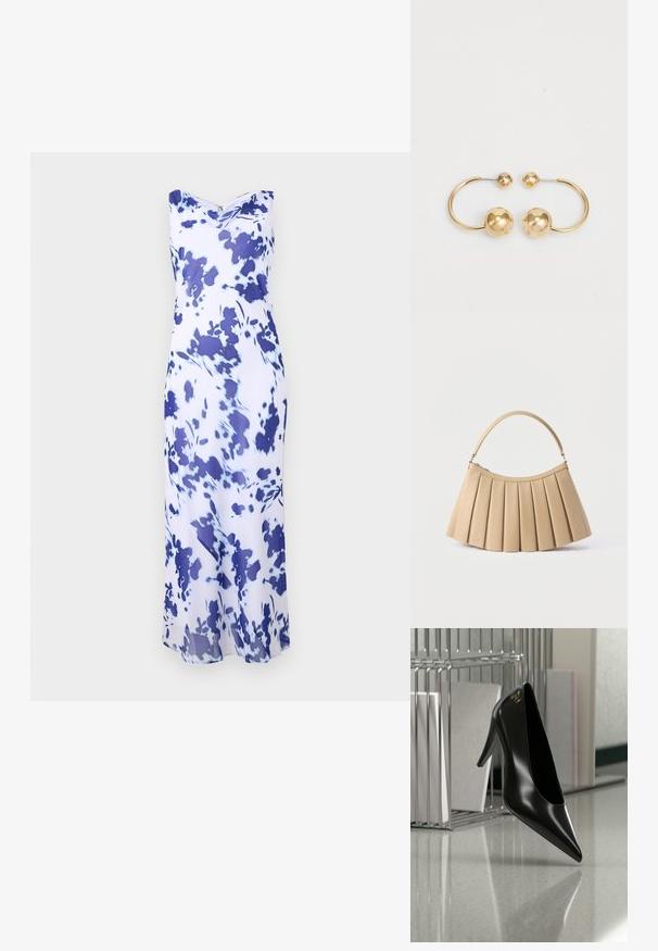 Robe longue sans manches avec une base blanche et un motif floral abstrait bleu foncé, présentant un col drapé et une silhouette ajustée.; Chaussure noire à talon haut avec bout pointu et logo doré, posée sur une surface réfléchissante près d'un organiseur de dossiers en fil chromé contenant des documents.; Sac à main plissé beige avec fermeture éclair incurvée en haut et poignée arquée simple, présenté sur un fond blanc.; Boucles d'oreilles en métal doré présentant un design circulaire avec deux sphères, l'une plus grande et texturée, et une petite boule polie en haut.