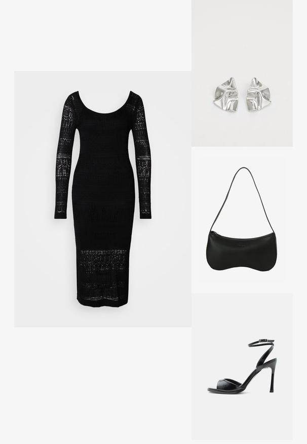 Robe en tricot noir à manches longues, décolleté arrondi, silhouette ajustée et motifs ajourés le long du corsage et des manches.; Sandale noire à talon haut avec bout ouvert, talon stiletto fin et bride de cheville avec boucle sur fond blanc.; Sac d'épaule en cuir noir avec une forme incurvée, fermeture éclair et une seule bandoulière fine ; texture lisse et détail de logo embossé subtil.; Boucles d'oreilles en métal argenté avec un design ondulé et sculptural, présentant une finition polie et des formes irrégulières, mettant en valeur une esthétique contemporaine.