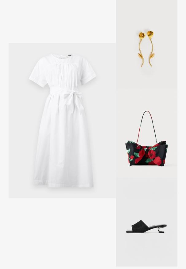 Robe midi blanche à manches courtes avec taille froncée, encolure ronde et nœud ceinture à la taille, présentée sur un fond uni.; Des sandales en daim noir à enfiler présentent une large bande, un bout ouvert et un talon métallique sculptural. Semelle lisse et plate avec une texture minimale.; Sac à épaule floral en tissu noir avec motifs de fleurs rouges et vertes, détail nœud, et une anse fine et colorée.; Boucles d'oreilles dorées en forme de fleurs avec des tiges courbées et une seule feuille sur chaque tige, sur fond blanc.