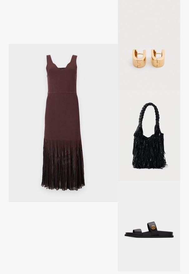 Robe sans manches en maille marron foncé avec un col en V et un ourlet en chiffon plissé s’étendant du milieu de la cuisse jusqu’à la cheville.; Sandale noire à glissière avec deux larges brides, dont une ornée d'un emblème rond doré, semelle plate, isolée sur fond gris clair.; Sac à main noir tissé avec une poignée tressée et des détails en franges longues. Fabriqué en matériau texturé, présentant une étiquette décorative sur un côté.; Boucles d'oreilles créoles en ton or avec un design en forme de U, surface lisse et fermeture à charnière. Présentent une esthétique épurée et moderne ainsi qu'une finition brillante.