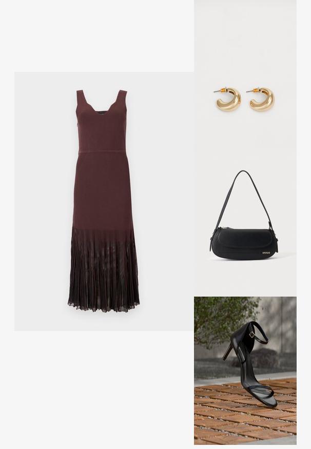 Robe sans manches en maille marron foncé avec un col en V et un ourlet en chiffon plissé s’étendant du milieu de la cuisse jusqu’à la cheville.; Sandale noire à talon haut avec sangle à la cheville, suspendue au-dessus d'un sol en carreaux de bois à l'extérieur, avec un arrière-plan flou de verdure et de pierre.; Sac à épaule en cuir noir avec rabat incurvé, logo doré "HUGO" sur le devant, et une bandoulière réglable.; Deux boucles d'oreilles en forme de cerceau en or brillant, avec un design courbé, présentant des accents orange près de la tige, sur fond blanc uni.