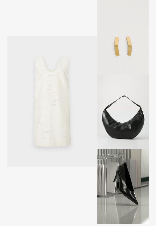 Robe blanche sans manches avec un décolleté en U, présentant une surface texturée avec des motifs subtils et irréguliers. Matière lisse, longueur au genou.; Chaussure noire à talon haut avec bout pointu et logo doré, posée sur une surface réfléchissante près d'un organiseur de dossiers en fil chromé contenant des documents.; Sac à épaule en cuir noir, de forme courbée, avec une texture douce et une seule sangle; il comporte une fermeture éclair dorée et un logo discret.; Boucles d'oreilles en métal doré avec un design cintré et allongé. La surface est lisse et polie, arborant un style minimaliste.