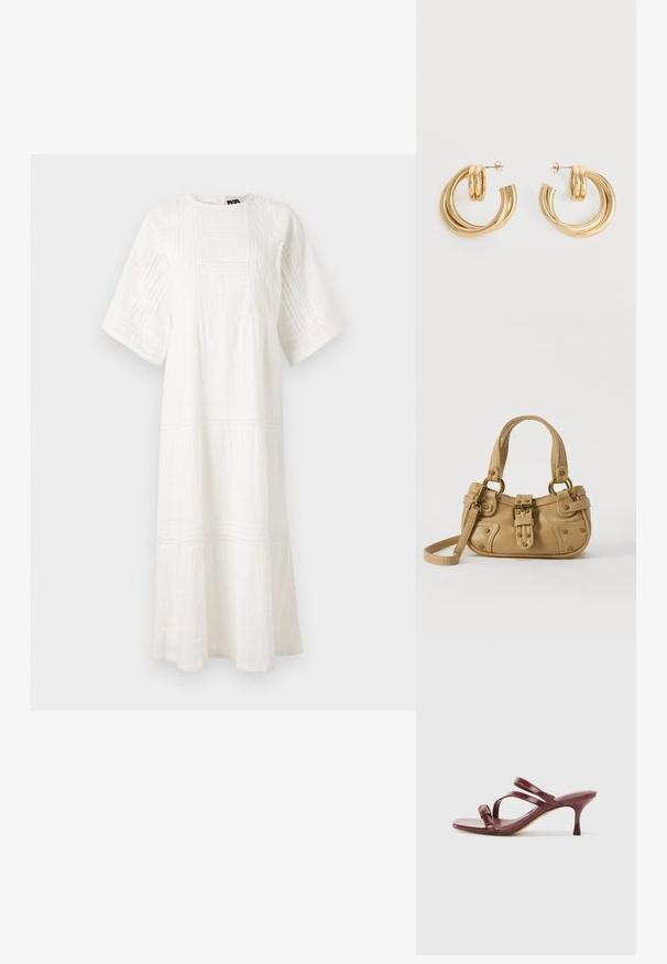 Weißes Baumwollkleid mit Rundhalsausschnitt, kurzen Ärmeln, strukturierten Mustern und einem gestuften Design mit Spitzenbesatz am Saum.; Burgunderfarbene lacklederne Sandalen mit hohen Absätzen, quadratischer Zehenpartie, zwei schlanken Riemen und einer dekorativen goldenen Schnalle an der Seite.; Beige Lederhandtasche mit doppelten Griffen, Messingschnalle und Nieten, sowie verstellbarem Schultergurt vor weißem Hintergrund.; Paar glänzende goldene Doppel-Loop-Creolen mit Steckverschlüssen vor weißem Hintergrund.