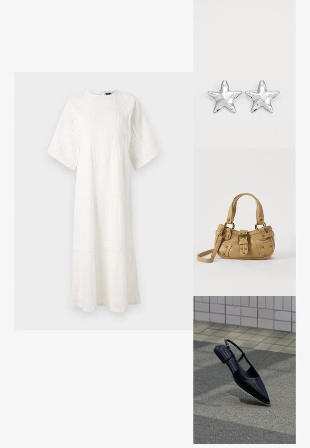 Vestido de algodón blanco con escote redondo, mangas cortas, patrones texturizados y un diseño en capas con encaje en el dobladillo.; Zapato plano negro de punta puntiaguda con tiras traseras flotando sobre una superficie de asfalto junto a una acera con baldosas.; Bolso de cuero beige con doble asa, hebilla y remaches de latón, y una correa de hombro ajustable sobre un fondo blanco.; Pendientes en forma de estrella plateada con una superficie pulida y brillante. Cada pendiente presenta cinco puntas y sutiles detalles de textura en la superficie.