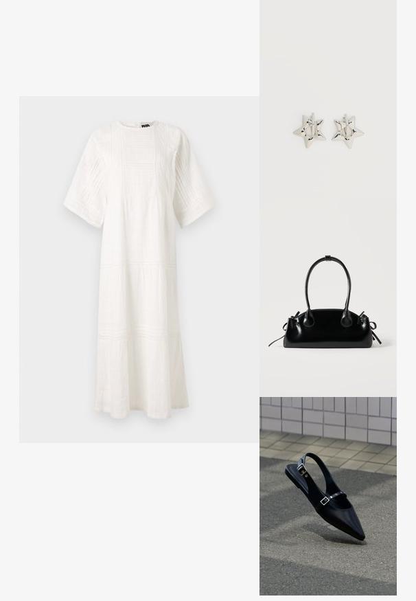 Weißes Baumwollkleid mit Rundhalsausschnitt, kurzen Ärmeln, strukturierten Mustern und einem gestuften Design mit Spitzenbesatz am Saum.; Schwarzer Slingback-Flachschuh mit spitz zulaufender Spitze und doppelten Schnallenriemen, ruhend auf grauem Asphalt nahe einer gefliesten Wand.; Kleine schwarze glänzende Handtasche mit zwei langen Griffen und seitlichen Kordelzug-Details vor einfachem hellem Hintergrund.; Silberne, sternförmige Creolen mit einer glatten, polierten Oberfläche auf weißem, schlichtem Hintergrund.