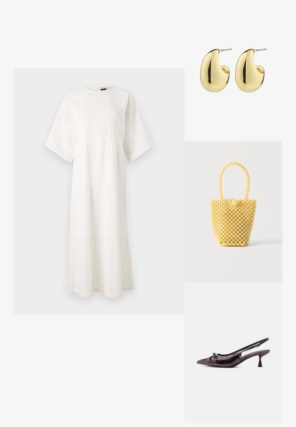 Weißes Baumwollkleid mit Rundhalsausschnitt, kurzen Ärmeln, strukturierten Mustern und einem gestuften Design mit Spitzenbesatz am Saum.; Spitz zulaufender Slingback-Kitten-Heel-Schuh mit Schildpattmuster und einem kleinen dekorativen Knoten vorne.; Kleine Beuteltasche aus glänzenden cremefarbenen Perlen mit einem Schlaufenhenkel aus Perlen und dekorativem Perlenknoten als Verschluss.; Goldfarbene Steckerohrringe mit einer glatten, glänzenden Oberfläche, die eine abstrahierte, tropfenförmige Form aufweisen. Einfache Metallstiftbefestigung.