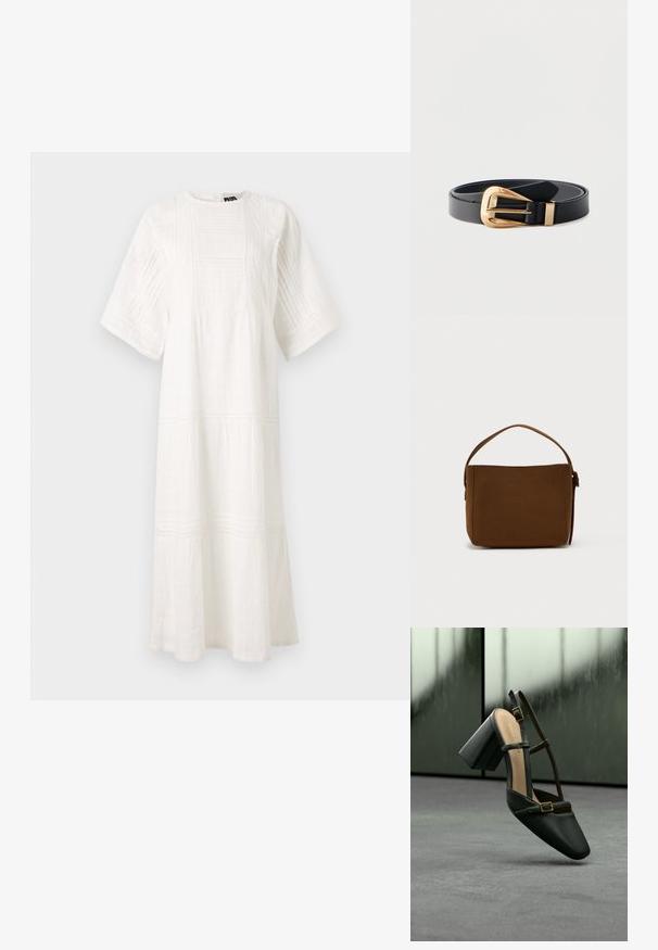 Vestido de algodón blanco con escote redondo, mangas cortas, patrones texturizados y un diseño en capas con encaje en el dobladillo.; Zapato de tacón alto de cuero negro con puntera puntiaguda, tiras en el tobillo y detalles en hardware dorado. Textura suave y diseño de tacón grueso robusto.; Bolso de hombro rectangular marrón con un asa ancha y detalle de hebilla, sobre un fondo blanco liso.; Cinturón de cuero negro con una hebilla triangular dorada brillante y una presilla dorada a juego, enrollado sobre un fondo claro y liso.