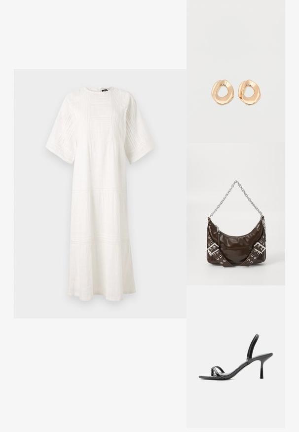 Vestido de algodón blanco con escote redondo, mangas cortas, patrones texturizados y un diseño en capas con encaje en el dobladillo.; Sandalia negra de tacón alto con finas tiras en los dedos y el tobillo, acabado brillante y tacón de aguja delgado.; Bolso de mano de cuero patentado marrón oscuro con cadena plateada, cinturones decorativos de doble hebilla y cierre de cremallera.; Par de pendientes de aro de metal en tono dorado pulido, de forma irregular y con centro abierto, sobre un fondo blanco liso.