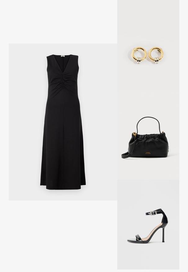 Vestido negro sin mangas con escote en V, detalle fruncido en el busto y una silueta fluida que se extiende hasta los tobillos. Textura de tela suave.; Sandalia de tacón alto en piel sintética negra con correa en el tobillo. Presenta un diseño minimalista, punta abierta y una hebilla con detalles de pedrería.; Bolso de piel negra con parte superior fruncida, una asa corta y una correa de hombro removible. Presenta un acento de logo dorado y una textura suave.; Pendientes circulares de oro con dos pequeños anillos de plata en cada uno, que muestran detalles sutiles del nombre de la marca grabado, colocados sobre un fondo blanco.