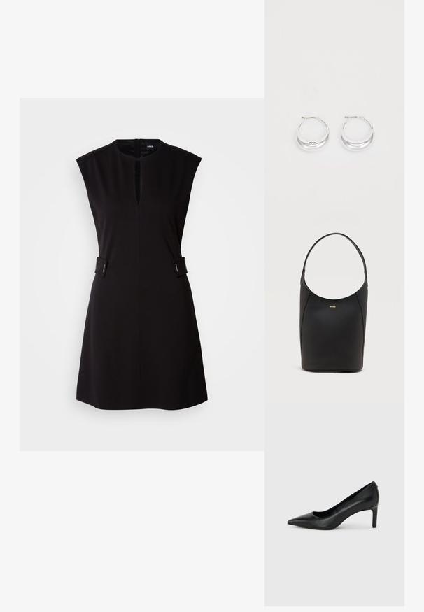 Robe noire sans manches avec un col rond, fente à l'avant et accents latéraux. Fabriquée en tissu lisse avec un design ajusté et une longueur au genou.; Escarpin à bout pointu en cuir noir avec un talon fin de hauteur moyenne sur un fond gris clair uni.; Sac seau en cuir noir avec une seule bandoulière et un petit logo BOSS doré centré près du haut à l'avant.; Boucles d'oreilles en argent avec une finition polie et un branding DKNY, présentées sur un fond blanc uni.