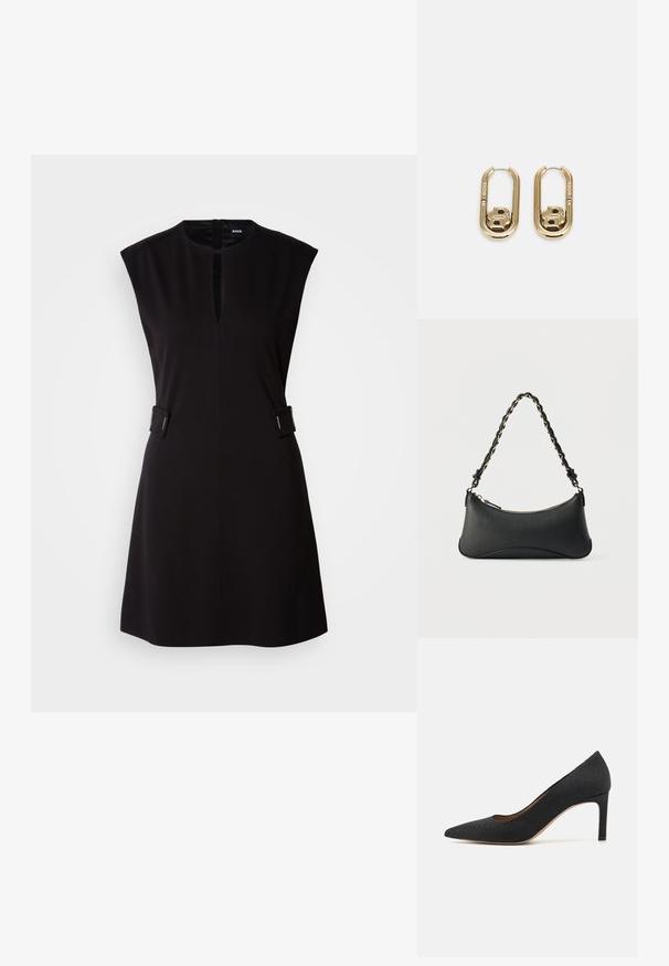 Vestido negro sin mangas con cuello redondo, abertura frontal y detalles laterales. Fabricado con una tela suave, tiene un diseño ajustado y un dobladillo a la altura de la rodilla.; Zapato de tacón alto negro con puntera afilada, superficie texturizada, tacón delgado de 3 pulgadas y un forro interior suave, diseñado con una silueta clásica.; Bolso de hombro de cuero negro con forma rectangular curvada, cadena dorada entrelazada en una correa negra trenzada y cierre superior con cremallera.; BOSS DOUBLE B SWING - Pendientes - gold-coloured