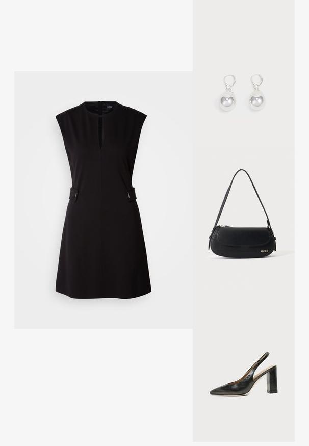 Schwarzes ärmelloses Kleid mit rundem Ausschnitt, vorderem Schlitz und seitlichen Akzenten. Aus glattem Stoff gefertigt, mit taillierter Passform und knielangem Saum.; Schwarzer Leder-Slingback-Schuh mit spitzer Kappe, hohem Blockabsatz und beigegefüttertem Innenraum vor hellem, einfarbigem Hintergrund.; Schwarze Lederschultertasche mit geschwungener Klappe, goldenem "HUGO" Logo auf der Vorderseite und einem verstellbaren Riemen.; Silberne Tropfenohrringe mit glatten, runden, reflektierenden Oberflächen, die an Hakenverschlüssen hängen. Der Hintergrund ist reinweiß.