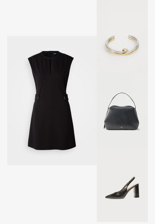 Robe noire sans manches avec un col rond, fente à l'avant et accents latéraux. Fabriquée en tissu lisse avec un design ajusté et une longueur au genou.; Chaussure slingback en cuir noir à bout pointu avec un talon bloc haut et une doublure intérieure beige sur un fond clair uni.; Sac à main en cuir noir avec une seule bandoulière et un petit logo doré "BOSS" à l'avant, sur un fond gris clair uni.; Bracelet en métal avec des bandes entrelacées en argent et en or, finition lisse et polie. Détail de nœud notable au centre.