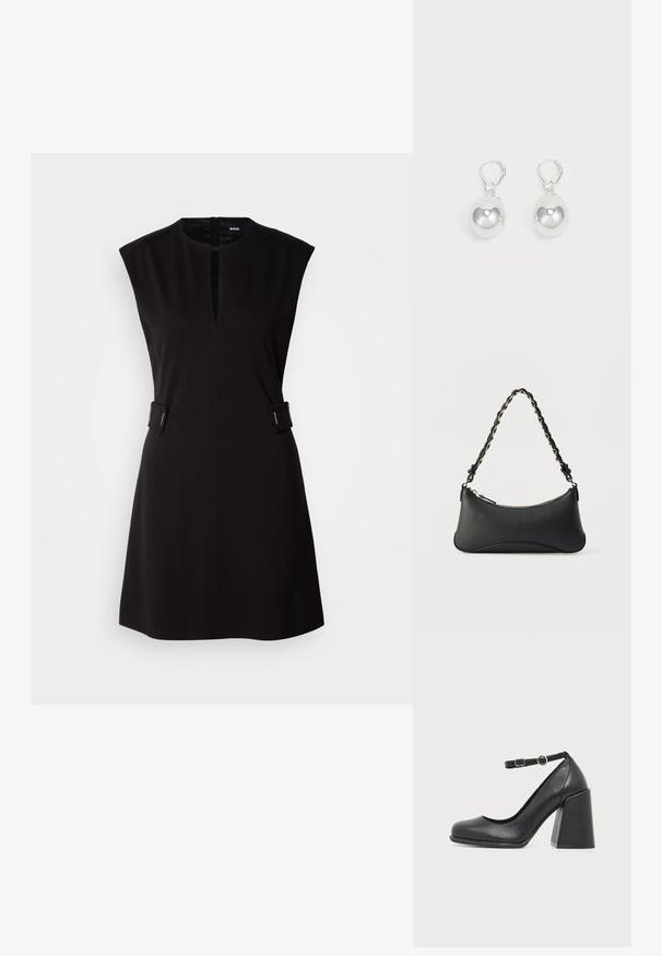 Vestido negro sin mangas con cuello redondo, abertura frontal y detalles laterales. Fabricado con una tela suave, tiene un diseño ajustado y un dobladillo a la altura de la rodilla.; Zapato de piel negra con tacón alto, punta redondeada y tacón grueso en bloque, con una correa ajustable en el tobillo con una pequeña hebilla redonda.; Bolso de hombro de cuero negro con forma rectangular curvada, cadena dorada entrelazada en una correa negra trenzada y cierre superior con cremallera.; Pendientes de plata en forma de gota con superficies redondas y reflectantes colgando de cierres de palanca. El fondo es blanco liso.