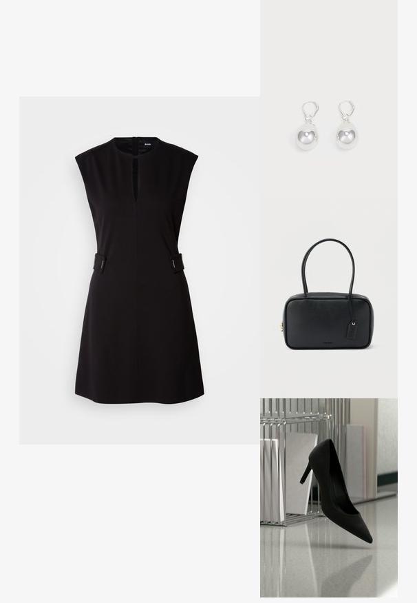 Vestido negro sin mangas con cuello redondo, abertura frontal y detalles laterales. Fabricado con una tela suave, tiene un diseño ajustado y un dobladillo a la altura de la rodilla.; Zapato negro de tacón alto equilibrado sobre el tacón en una encimera reflectante junto a portadocumentos metálicos con carpetas blancas.; Bolso rectangular negro con asas dobles redondeadas, cremallera dorada y logo "HUGO" en relieve en el frente con etiqueta de cuero adjunta.; Pendientes de plata en forma de gota con superficies redondas y reflectantes colgando de cierres de palanca. El fondo es blanco liso.