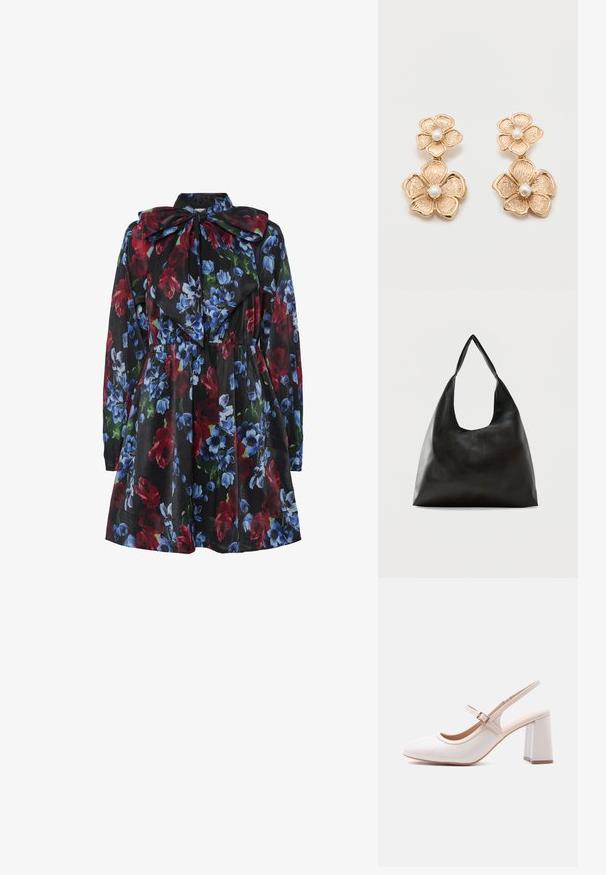 Kvetinové šaty s čiernym pozadím, na ktorých sú červené, modré a zelené kvety. Dlhé rukávy a veľký detail golieru v tvare mašle.; Dámska slingback obuv krémovej farby s blokovým podpätkom a nastaviteľným remienkom so zlatou prackou, bočný pohľad na bielom pozadí.; Čierna hladká kožená kabelka na rameno s širokým, jediným remienkom a ležérnym, minimalistickým dizajnom na jednoduchom pozadí.; Náušnice vo zlatom tóne v tvare dvoch prepojených kvetov s textúrovanými okvetnými lístkami a perlovým stredom na každom kvete.