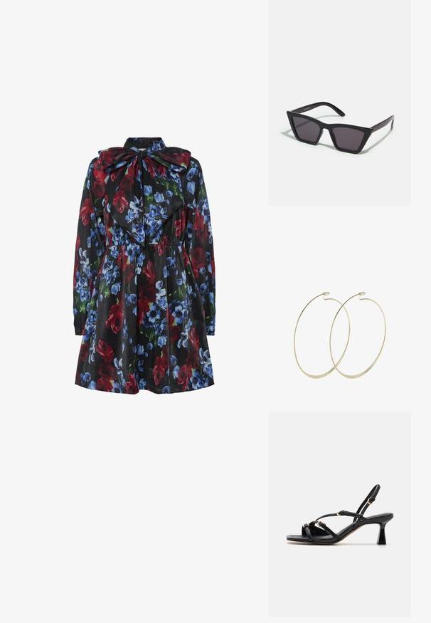 Vestido floral con fondo negro, que presenta flores rojas, azules y verdes. Mangas largas y un gran detalle de cuello con lazo.; Call it Spring DIANAH - Sandalias - black; Gafas de sol negras y angulares con lentes grises; fabricadas en plástico, con varillas gruesas de superficie suave y sin herrajes visibles.; Pilgrim Pendientes - gold-coloured
