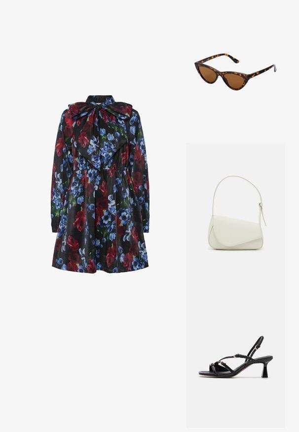 Vestido floral con fondo negro, que presenta flores rojas, azules y verdes. Mangas largas y un gran detalle de cuello con lazo.; Call it Spring DIANAH - Sandalias - black; Gafas de sol estilo ojo de gato con montura de carey negra y naranja, lentes marrones y puntas elegantes y afiladas. Presenta un logo minimalista en la patilla.; Bolso de mano de imitación cuero blanco con una forma triangular estructurada, correa ajustable única y cierre con solapa acentuada en curva.