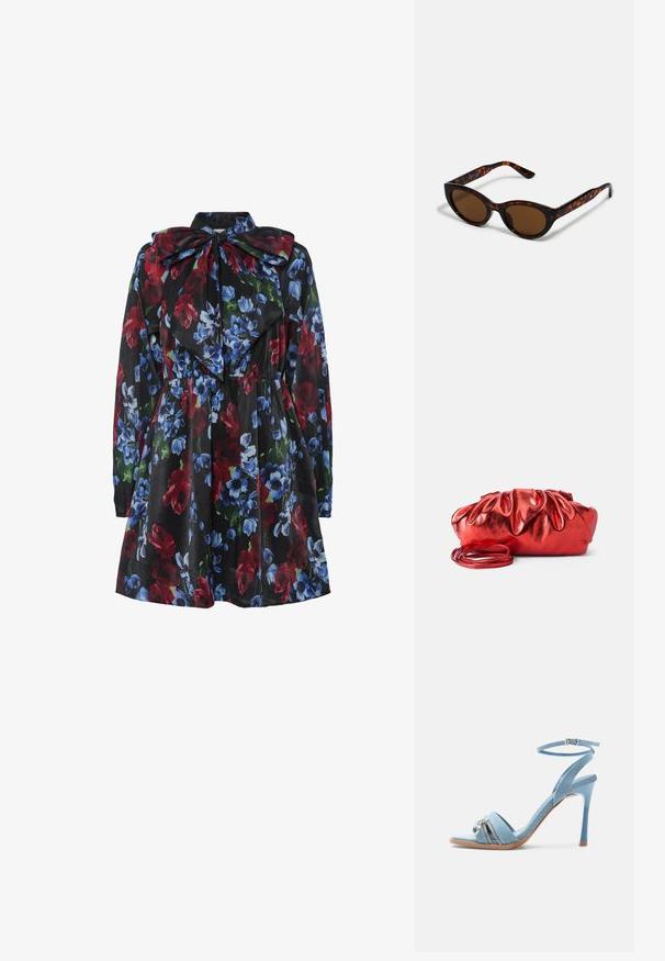 Blumenkleid mit schwarzem Hintergrund, verziert mit roten, blauen und grünen Blumen. Lange Ärmel und ein großer Schleifenkragen.; Hellblaue Denim-Sandale mit hohem Absatz, Knöchelriemen, offenen Zehen und silbernem Reißverschluss sowie Charme-Detail am Vorderriemen.; Braune Schildpatt-Sonnenbrille mit einer Vintage-Cat-Eye-Form und braunen Gläsern. Verfügt über gebogene Bügel mit roten Akzenten.; Rote metallische Handtasche mit einem gerafften, puffigen Design. Verfügt über einen langen, dünnen Schultergurt und eine glatte, glänzende Textur.