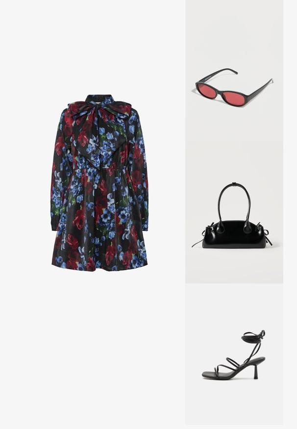 Blumenkleid mit schwarzem Hintergrund, verziert mit roten, blauen und grünen Blumen. Lange Ärmel und ein großer Schleifenkragen.; Schwarze Sandale mit Riemchen, quadratischer Zehenpartie, verstellbaren Knöchelbindungen und einem schmalen Blockabsatz. Hergestellt aus einem glatten, strapazierfähigen Material.; Schwarze ovale Sonnenbrille mit schlanken Bügeln und rot getönten Gläsern, die auf einer weißen Oberfläche liegt.; Kleine schwarze glänzende Handtasche mit zwei langen Griffen und seitlichen Kordelzug-Details vor einfachem hellem Hintergrund.