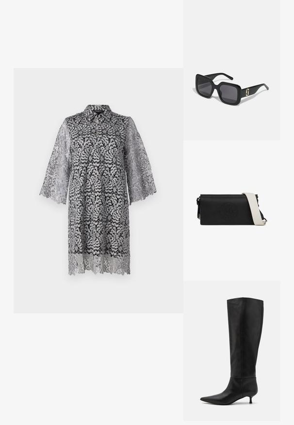Vestido de encaje gris con un cuello, mangas tres cuartos y patrones florales. La tela tiene una textura delicada y transparente con detalles intrincados.; Botas de cuero negras hasta la rodilla con punta afilada y tacón tipo kitten. Textura suave y diseño minimalista sin herrajes ni acentos visibles.; Gafas de sol negras con un marco cuadrado grueso, lentes oscuros, acabado brillante y un detalle de acento dorado en las patillas.; Bolso bandolera de cuero negro con superficie texturizada, que presenta un logotipo circular en relieve y una correa de hombro ajustable blanca a contraste.