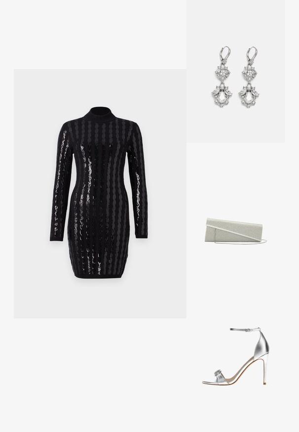 Vestido negro de manga larga con brillantes rayas verticales de lentejuelas, cuello alto, silueta ajustada y textura acanalada en los puños y eldo.; Sandalia plateada de tacón alto con correa en el tobillo y detalle decorativo de joyas en la correa del dedo, tacón delgado y diseño de puntera abierta.; Bolso de mano pequeño rectangular plateado con detalle de solapa diagonal y correa delgada para el hombro, cubierto de pequeñas piedras brillantes.; Pendientes de tono plateado que presentan múltiples piedras de cristal transparente en formas de lágrima y marquesa, con cierres de palanca y un detallado intrincado.