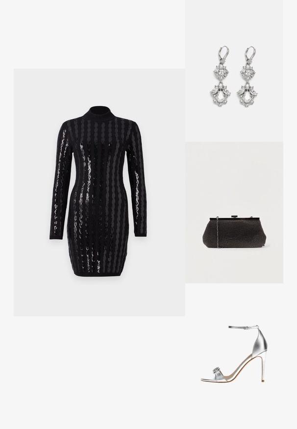 Vestido negro de manga larga con brillantes rayas verticales de lentejuelas, cuello alto, silueta ajustada y textura acanalada en los puños y eldo.; Sandalia plateada de tacón alto con correa en el tobillo y detalle decorativo de joyas en la correa del dedo, tacón delgado y diseño de puntera abierta.; Bolso de mano negro de malla con una silueta estructurada, adornado con pequeños tachuelas metálicas, que cuenta con un cierre de broche y una correa de cadena desmontable.; Pendientes de tono plateado que presentan múltiples piedras de cristal transparente en formas de lágrima y marquesa, con cierres de palanca y un detallado intrincado.