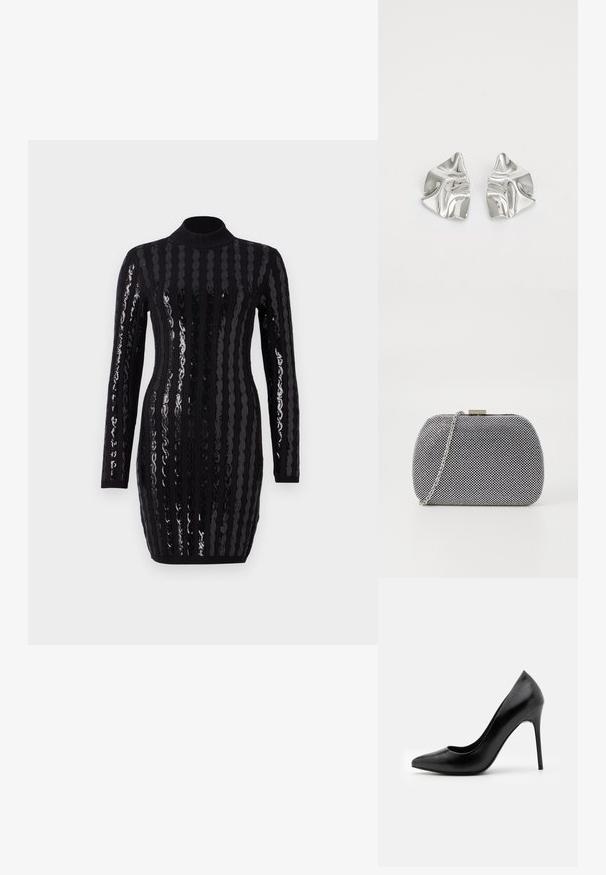 Vestido negro de manga larga con brillantes rayas verticales de lentejuelas, cuello alto, silueta ajustada y textura acanalada en los puños y eldo.; Zapato de tacón alto de cuero negro con punta afilada y textura suave. Presenta un tacón stiletto delgado y un diseño de escote bajo.; Bolso de mano texturizado en blanco y negro con forma redondeada, correa de cadena plateada y un cierre de metal en la parte superior.; Pendientes de metal plateado con un diseño ondulado y escultórico, que presentan un acabado pulido y formas irregulares, destacando una estética contemporánea.