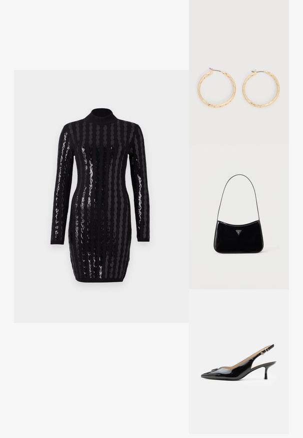 Vestido negro de manga larga con brillantes rayas verticales de lentejuelas, cuello alto, silueta ajustada y textura acanalada en los puños y eldo.; Tacón slingback de charol negro con puntera puntiaguda, tacón pequeño tipo kitten y correa con hebilla plateada sobre un fondo blanco liso.; Bolso de hombro de charol negro con correa delgada, logotipo triangular de Guess en el frente y cierre superior con cremallera.; Par de pendientes de aro con textura en tono dorado y postes delgados sobre un fondo blanco.