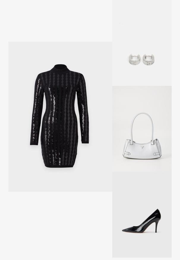 Robe noire à manches longues présentant des rayures verticales en sequins brillants, un col montant, une silhouette ajustée, avec un texture côtelée aux poignets et à l'ourlet.; Escarpin à talon haut en cuir verni noir avec un bout pointu, présentant une texture lisse et un talon aiguille mince. Aucun accessoire visible.; Sac à main argenté avec un design structuré, doté de deux poignées, d'une texture brillante, de quincaillerie accentuée et d'un logo triangulaire sur le devant.; Guess STYLISH - Boucles d'oreilles - silver-coloured