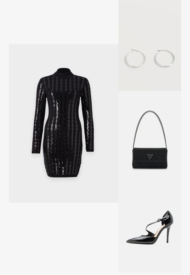 Vestido negro de manga larga con brillantes rayas verticales de lentejuelas, cuello alto, silueta ajustada y textura acanalada en los puños y eldo.; Zapato de tacón alto de cuero de charol negro con punta puntiaguda y una fina correa en el tobillo que se abrocha con una pequeña hebilla.; Bolso de mano negro con perlas, con una superficie texturizada, que presenta una correa de cadena y una placa de logotipo triangular en la parte frontal. Forma rectangular compacta.; Pendientes de aro de metal plateado con superficie lisa y ligeramente curvada y cierre de tipo mosquetón sobre un fondo blanco liso.
