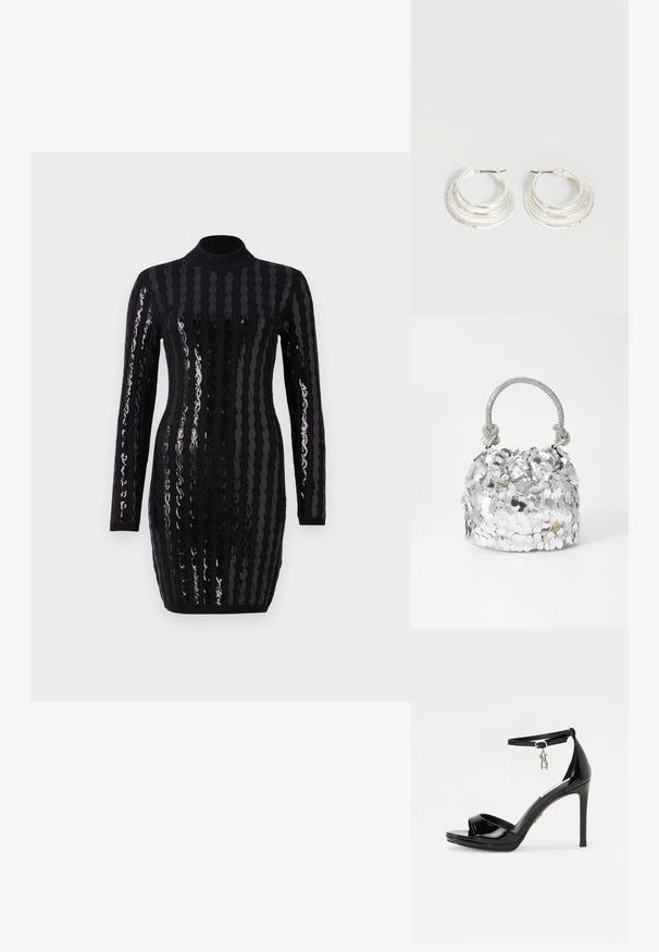 Robe noire à manches longues présentant des rayures verticales en sequins brillants, un col montant, une silhouette ajustée, avec un texture côtelée aux poignets et à l'ourlet.; Sandales à talons hauts en cuir verni noir avec un bout ouvert, une bride à la cheville et un accent de charme en argent. Dispose d'un design élégant et moderne.; Sac à main rond en argent recouvert de paillettes réfléchissantes, avec une anse tressée et un petit logo à l'avant. Texture lisse dans l'ensemble.; Boucles d'oreilles créoles en argent avec trois bandes semi-circulaires superposées, dont une ornée de petits cristaux clairs sur un fond clair.