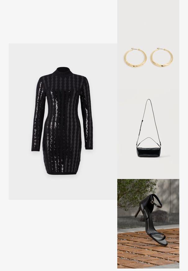Robe noire à manches longues présentant des rayures verticales en sequins brillants, un col montant, une silhouette ajustée, avec un texture côtelée aux poignets et à l'ourlet.; Sandale noire à talon haut avec sangle à la cheville, suspendue au-dessus d'un sol en carreaux de bois à l'extérieur, avec un arrière-plan flou de verdure et de pierre.; Sac bandoulière rectangulaire en cuir noir avec bandoulière ajustable, fermeture éclair sur le dessus et petit logo Calvin Klein doré sur le devant.; Paire de boucles d’oreilles créoles en or poli avec des tiges fines et des fermoirs à charnière, présentées sur un fond gris clair uni.