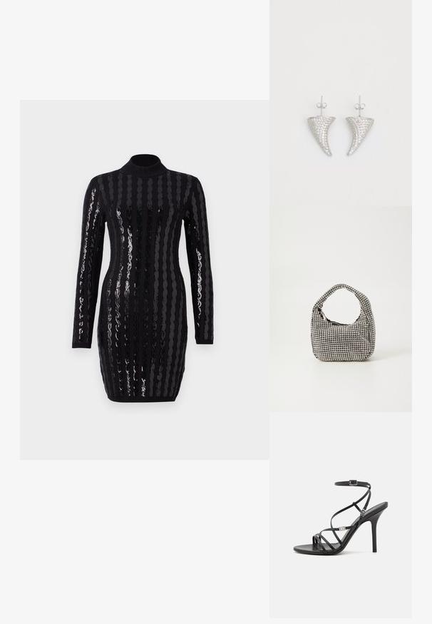 Vestido negro de manga larga con brillantes rayas verticales de lentejuelas, cuello alto, silueta ajustada y textura acanalada en los puños y eldo.; Sándalo negro de tacón alto con tiras finas, hebilla en el tobillo, superficie de cuero suave y tacón de aguja esbelto.; Bolso de mano negro con forma redondeada, cubierto de pequeños rhinestones plateados, con un asa corta y un cierre de cremallera en la parte superior.; Pendientes en forma de cuerno plateado, engastados con pequeñas piedras transparentes, que cuentan con un cierre trasero para su sujeción. Textura suave y acabado metálico.