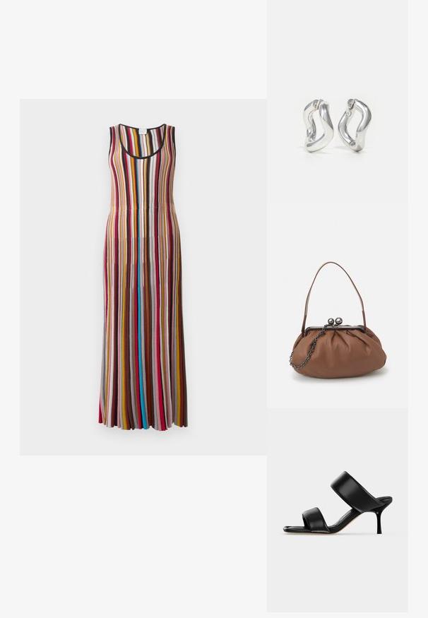 Vestido largo sin mangas con rayas verticales en rojo, rosa, mostaza, marrón, azul y negro sobre un fondo claro.; Sandalia mule de cuero negro con dos tiras anchas y un tacón de aguja delgado de altura media sobre un fondo claro y sencillo.; Bolso de cuero marrón con un diseño gather, una asa corta de cuero y una correa de cadena. Presenta un cierre de metal plateado con dos acentos redondos.; Pendientes de aro plateados con un diseño retorcido. Bordes redondeados y acabado brillante. Cierres abiertos para un fácil uso. Textura suave en toda la superficie.