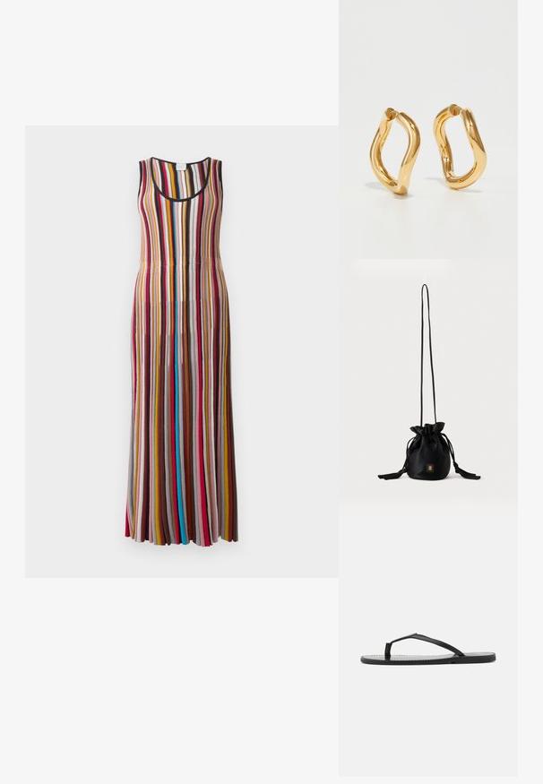 Vestido largo sin mangas con rayas verticales en rojo, rosa, mostaza, marrón, azul y negro sobre un fondo claro.; Chancla negra con un diseño minimalista, que presenta tiras delgadas y una suela plana. El material parece plástico con una textura suave.; Bolso tipo bucket negro con cordón, con una correa larga y delgada y un pequeño logo cuadrado dorado en la parte delantera, mostrado sobre un fondo liso.; Pendientes de aro color oro con una forma curva e irregular y una textura suave y pulida. Sin hardware o acentos visibles.