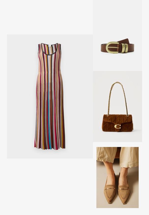 Mouwloze lange jurk met verticale strepen in rood, roze, mosterd, bruin, blauw en zwart op een lichte achtergrond.; Voeten met beige suède puntige loafers met decoratieve perforaties en gouden metalen accenten, gecombineerd met lichtgekleurde losse broeken.; Bruine suède gewatteerde schoudertas met gouden kettingriem en grote gouden "C"-sluiting op de voorflap.; Bruine leren riem met een goudkleurige, dubbele gesp en twee decoratieve banden. Glad oppervlak, eenvoudig ontwerp.