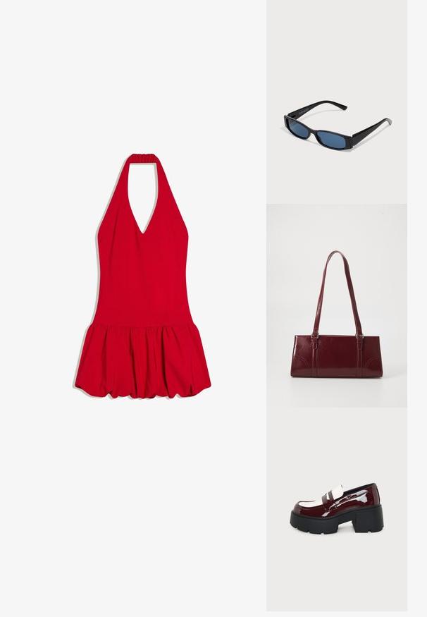 Robe rouge à col licou avec un profond décolleté en V et une jupe évasée froncée, modèle sans manches avec un corsage ajusté.; Mocassin à plateforme épaisse en cuir verni bordeaux, avec des accents blancs et une semelle noire épaisse à crampons sur fond gris clair.; Lunettes de soleil noires avec une monture rectangulaire élégante et des verres bleus. Présente une texture lisse et des branches robustes. Logo de la marque sur le côté.; Sac à main bordeaux en matériau brillant, de forme rectangulaire, avec deux anses et des accents légèrement courbés à l'avant.